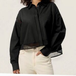 Rag & Bone Beatrice Mixed Media Oversized Crop Poplin Chiffon Button-Up Blouse
